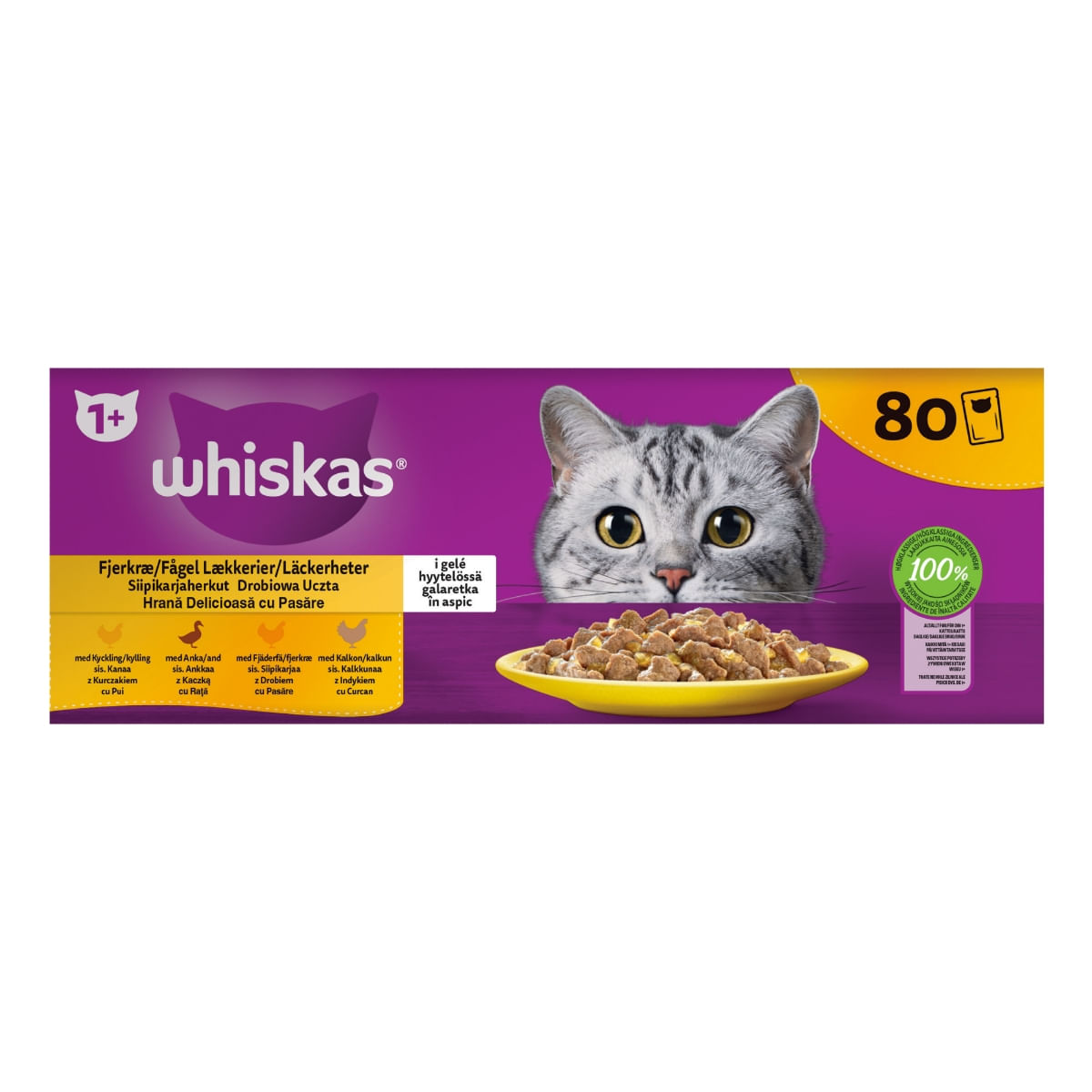 WHISKAS Selectii, Pasăre, hrană umedă pisici, (în aspic), multipack WHISKAS Selectii, Pasăre, plic hrană umedă pisici, (în aspic), multipack, 85g x 80 - 2 | YEO