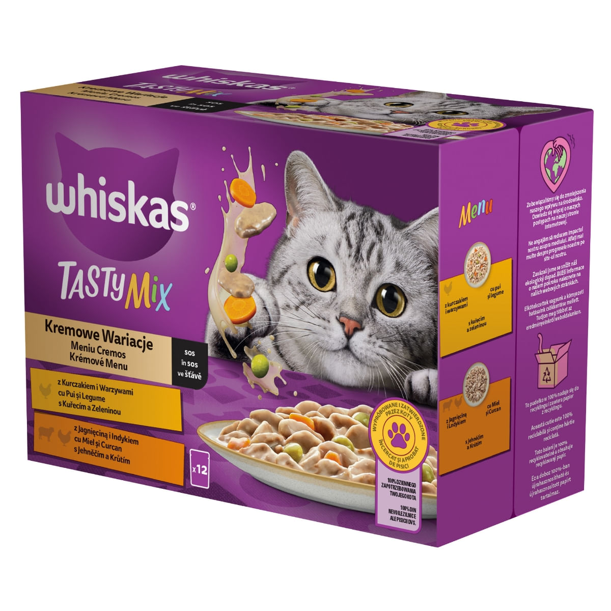 WHISKAS Tasty Mix Creamy Creations, Pui și Legume, Miel și Curcan, plic hrană umedă pisici, (în sos), multipack, 85g x 12