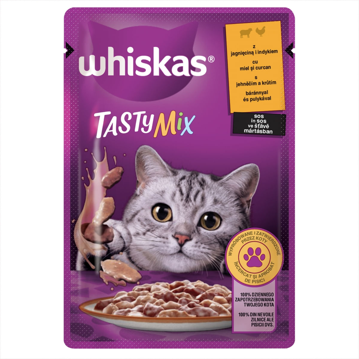WHISKAS Tasty Mix Creamy Creations, Miel și Curcan, plic hrană umedă pisici, (în sos), 85g