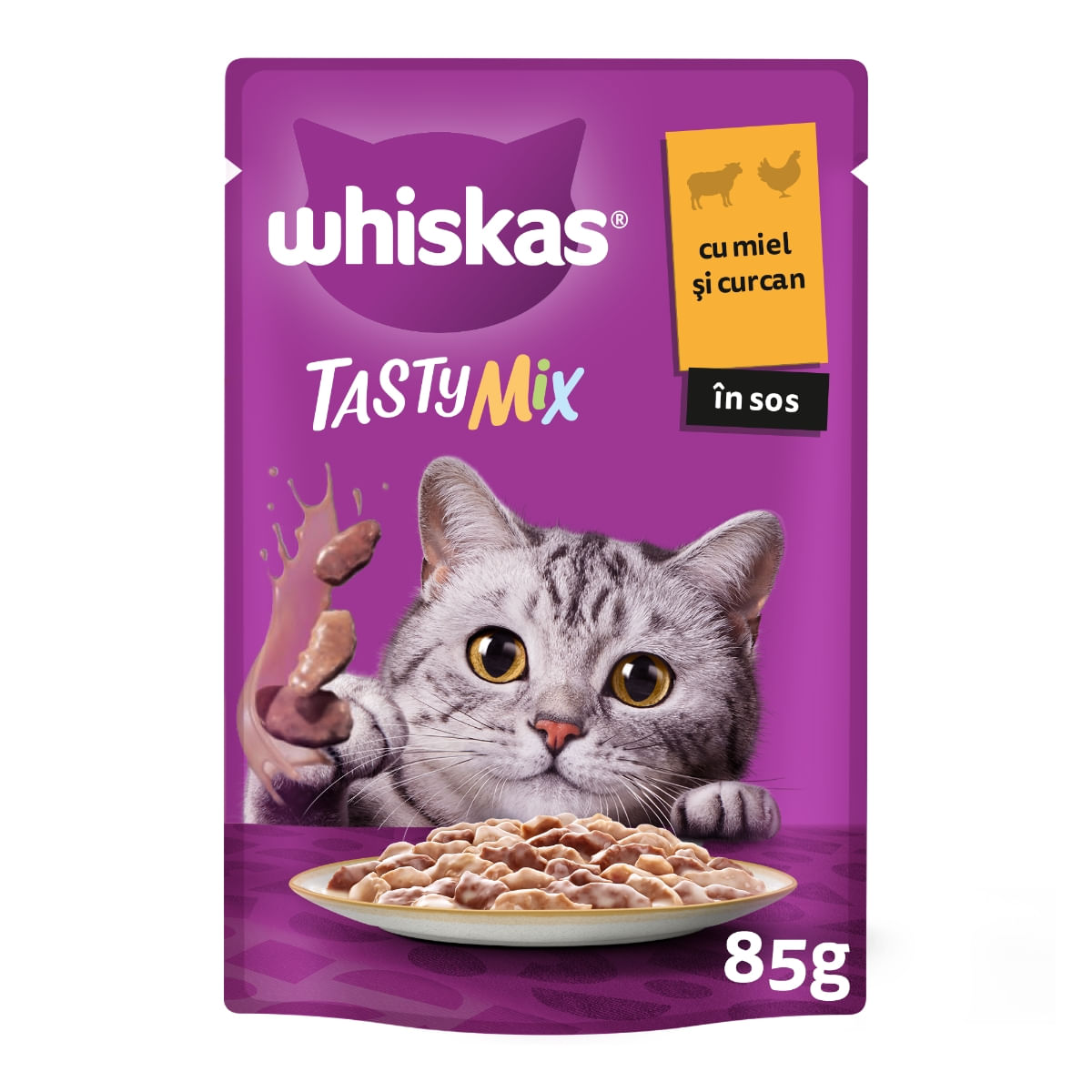 WHISKAS Tasty Mix Creamy Creations, Miel și Curcan, plic hrană umedă pisici, (în sos), 85g