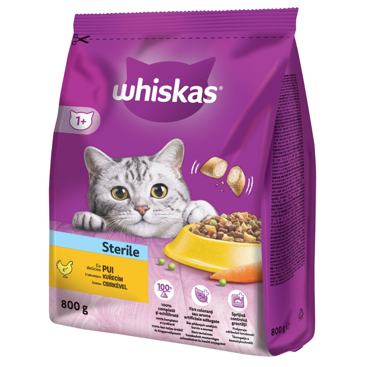 WHISKAS Adult Sterile, Pui, hrană uscată pisici, 800g