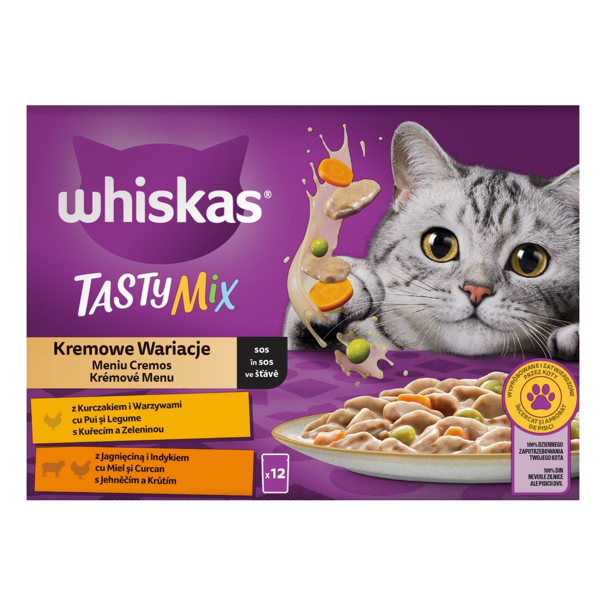 WHISKAS Tasty Mix Creamy Creations, Pui și Legume, Miel și Curcan, plic hrană umedă pisici, (în sos), multipack, 85g x 12