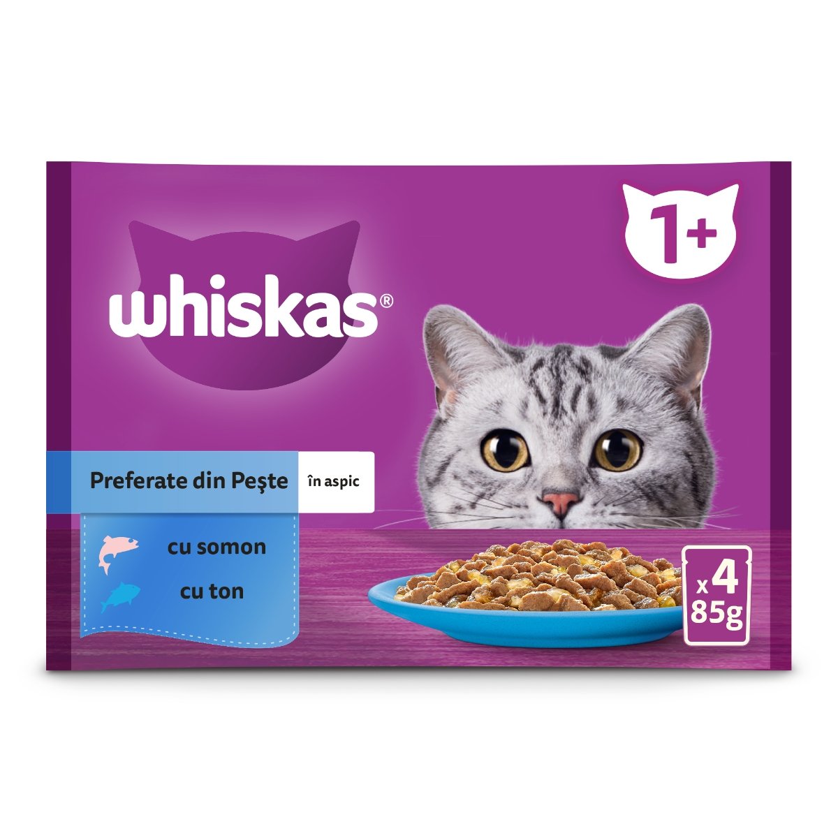 WHISKAS Selectii Pește, Somon și Ton, plic hrană umedă pisici, (în aspic), multipack, 85g x 4