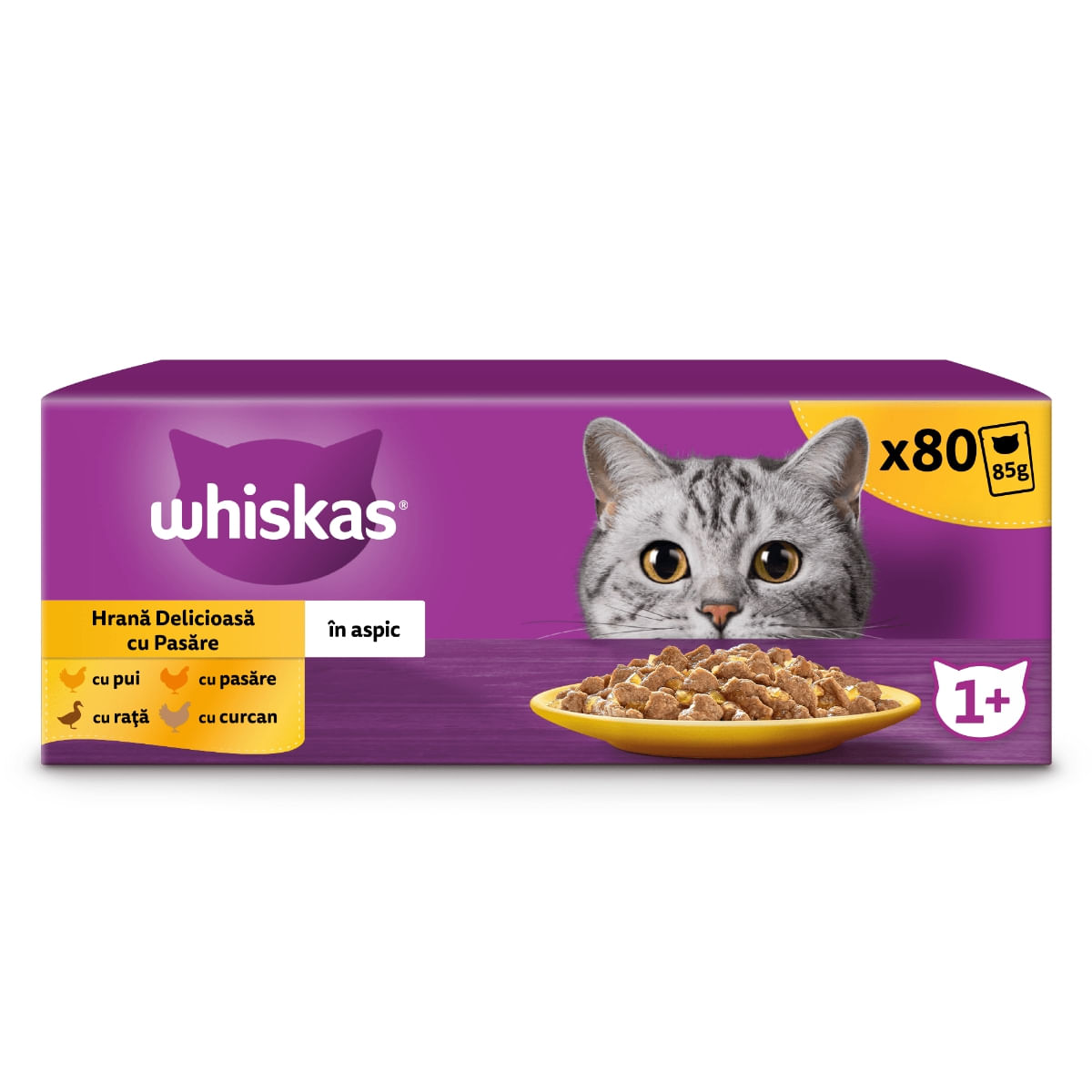 WHISKAS Selectii, Pasăre, hrană umedă pisici, (în aspic), multipack WHISKAS Selectii, Pasăre, plic hrană umedă pisici, (în aspic), multipack, 85g x 80