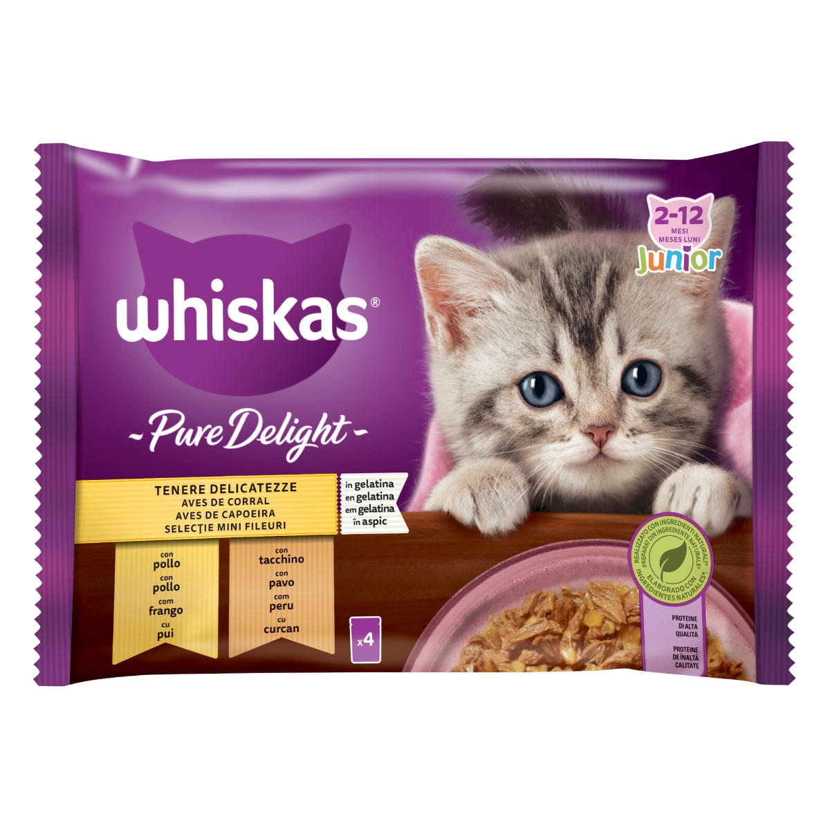 WHISKAS Pure Delight Junior Selectii Pasăre, Pui și Curcan, plic hrană umedă pisici junior, (în aspic), multipack, 85g x 4