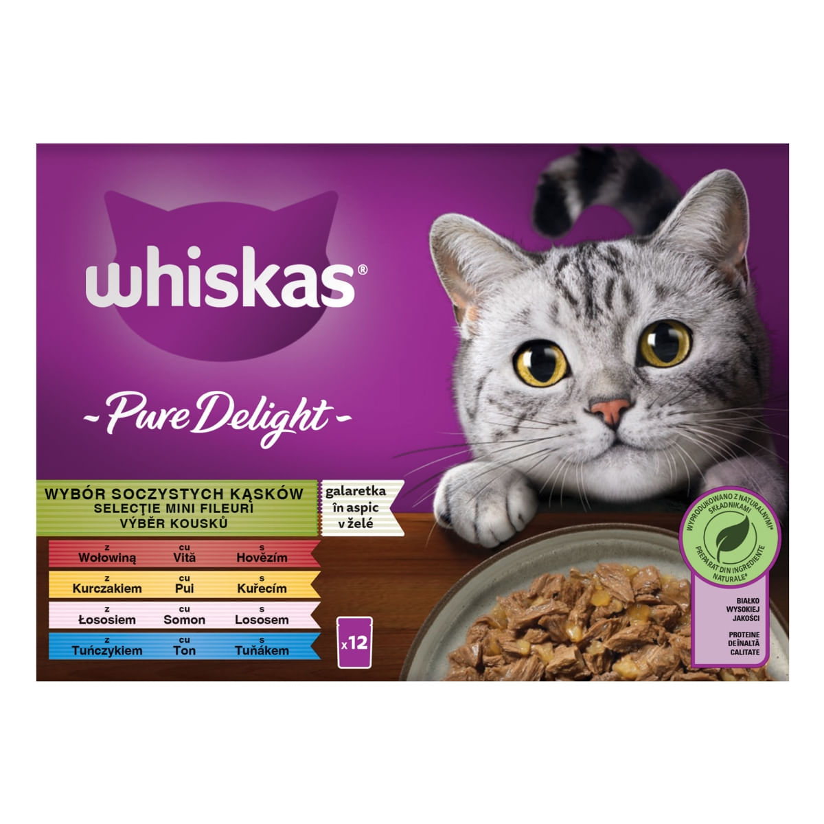 WHISKAS Pure Delight Mixed Selection, Vită, Pui, Somon și Ton, plic hrană umedă pisici, (în aspic), multipack, 85g x 12 - 2 | YEO