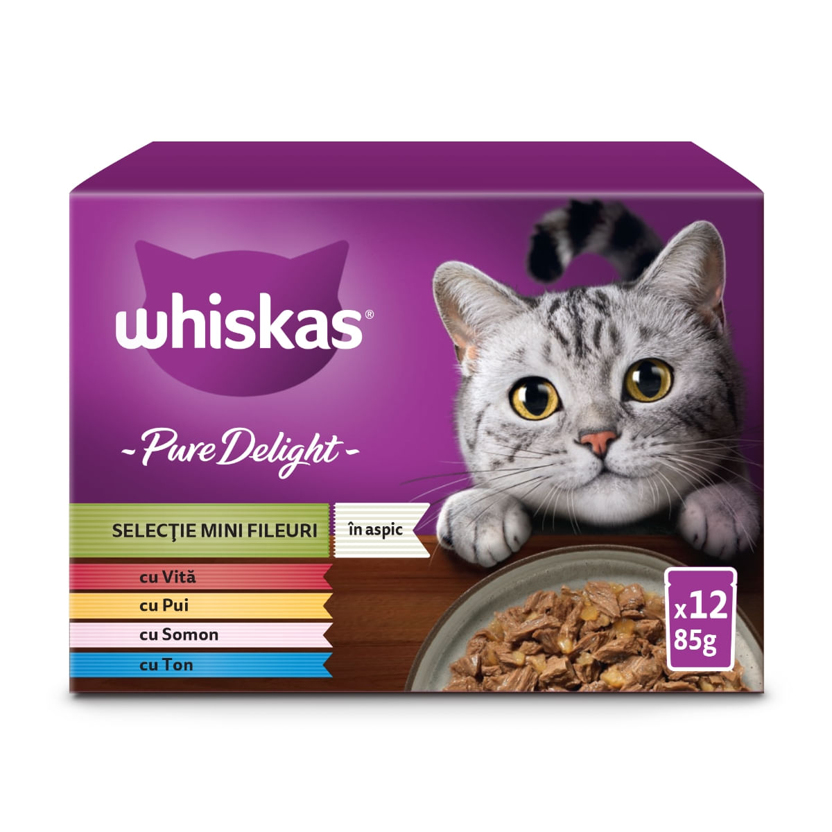 WHISKAS Pure Delight Mixed Selection, Vită, Pui, Somon și Ton, plic hrană umedă pisici, (în aspic), multipack, 85g x 12 - 1 | YEO