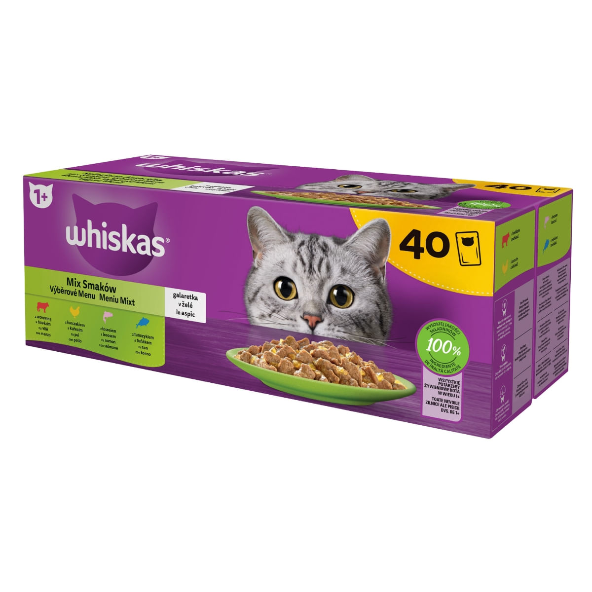 WHISKAS Selectii Mixte, Vită, Pui, Somon și Ton, hrană umedă pisici, (în aspic), multipack WHISKAS Selectii Mixte, Vită, Pui, Somon și Ton, plic hrană umedă pisici, (în aspic), multipack, 85g x 40