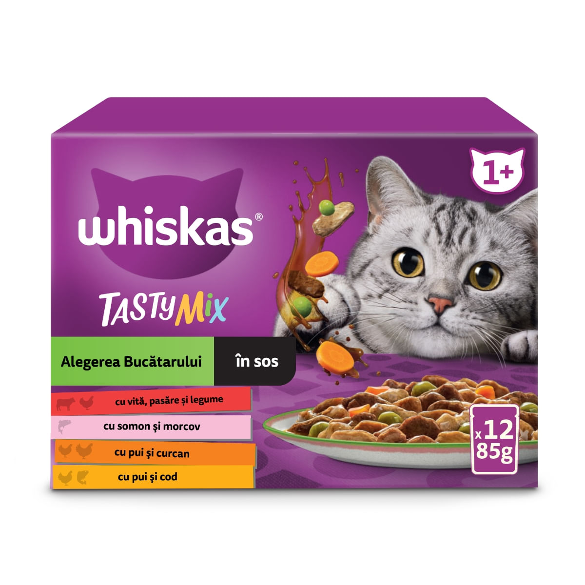 WHISKAS Tasty Mix Chef\'s Choice, Somon, Vită, Pui și Pasăre, Pui și Curcan, Pui și Cod, plic hrană umedă pisici, (în sos), multipack, 85g x 12 - 2 | YEO