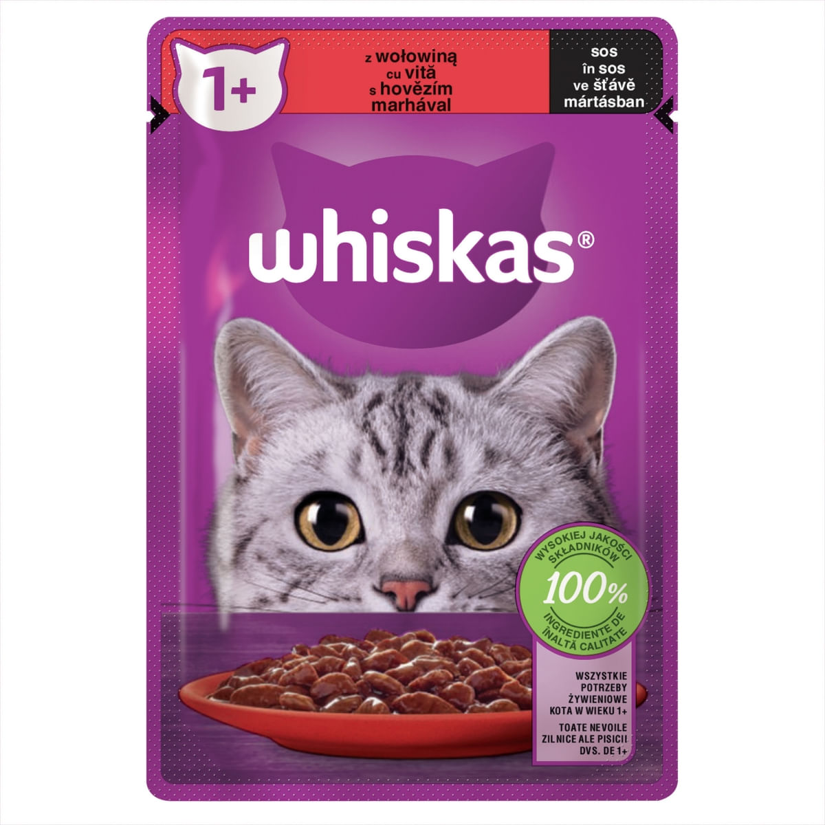WHISKAS, Vită, plic hrană umedă pisici, (în sos), 85g