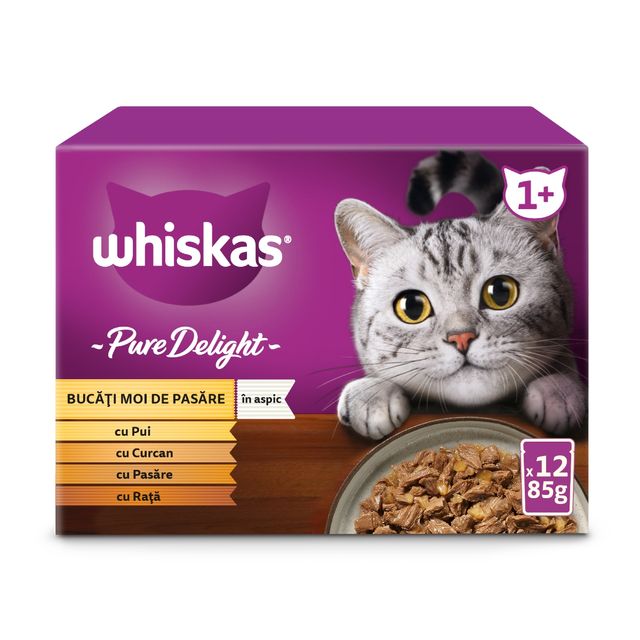 WHISKAS Pure Delight, Pasăre, plic hrană umedă pisici, (în aspic), multipack, 85g x 12