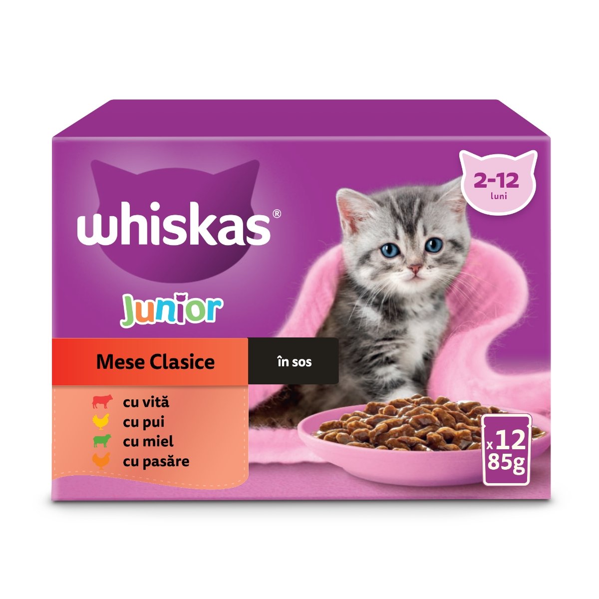 WHISKAS Junior Selectii Clasice, Miel, Vită, Pui și Pasăre, plic hrană umedă pisici, (în sos), multipack, 85g x 12 - 2 | YEO