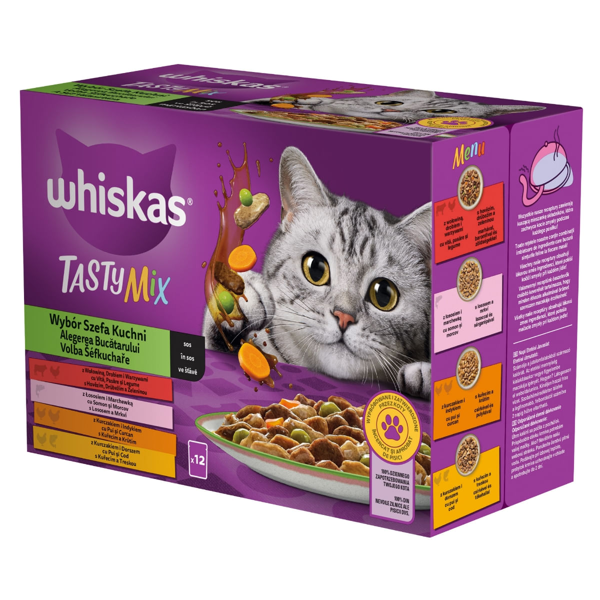 WHISKAS Tasty Mix Chef&#039;s Choice, Somon, Vită, Pui și Pasăre, Pui și Curcan, Pui și Cod, plic hrană umedă pisici, (în sos), multipack, 85g x 12