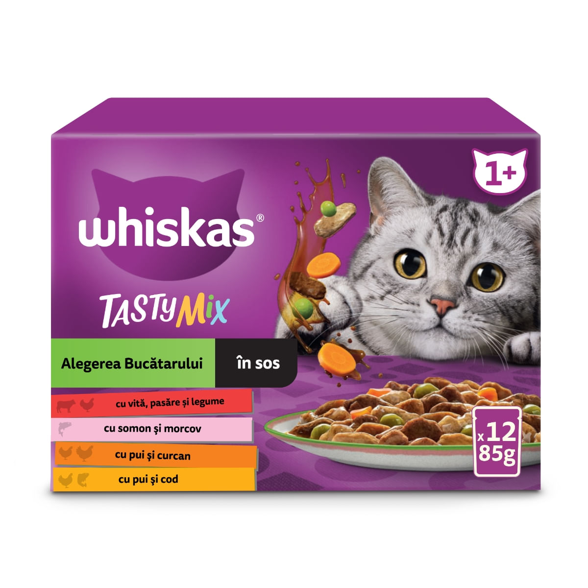 WHISKAS Tasty Mix Chef&#039;s Choice, Somon, Vită, Pui și Pasăre, Pui și Curcan, Pui și Cod, plic hrană umedă pisici, (în sos), multipack, 85g x 12
