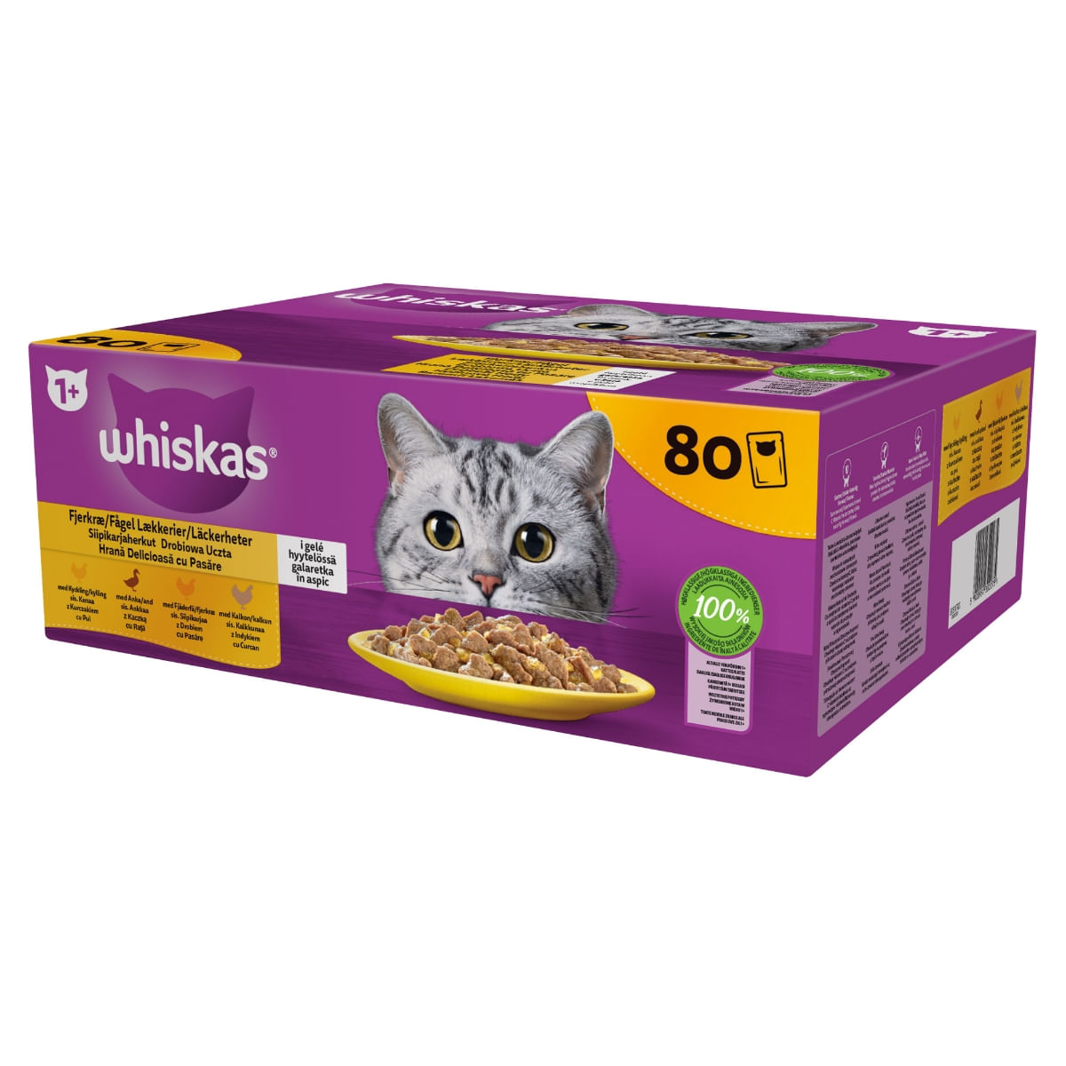 WHISKAS Selectii, Pasăre, hrană umedă pisici, (în aspic), multipack WHISKAS Selectii, Pasăre, plic hrană umedă pisici, (în aspic), multipack, 85g x 80