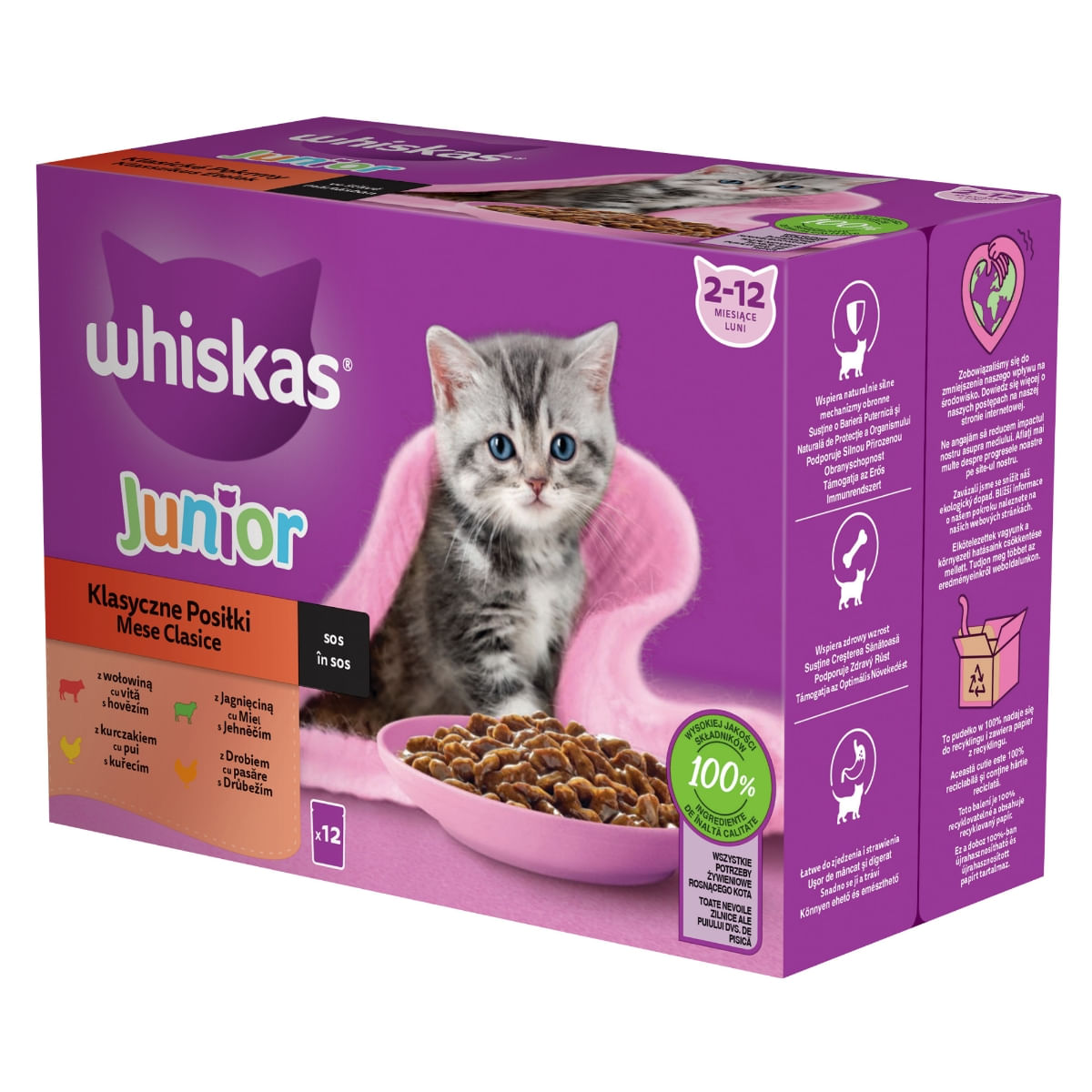WHISKAS Junior Selectii Clasice, Miel, Vită, Pui și Pasăre, plic hrană umedă pisici, (în sos), multipack, 85g x 12