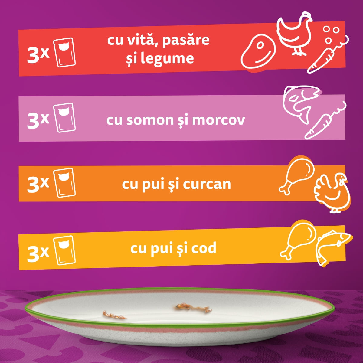 WHISKAS Tasty Mix Chef&#039;s Choice, Somon, Vită, Pui și Pasăre, Pui și Curcan, Pui și Cod, plic hrană umedă pisici, (în sos), multipack, 85g x 12