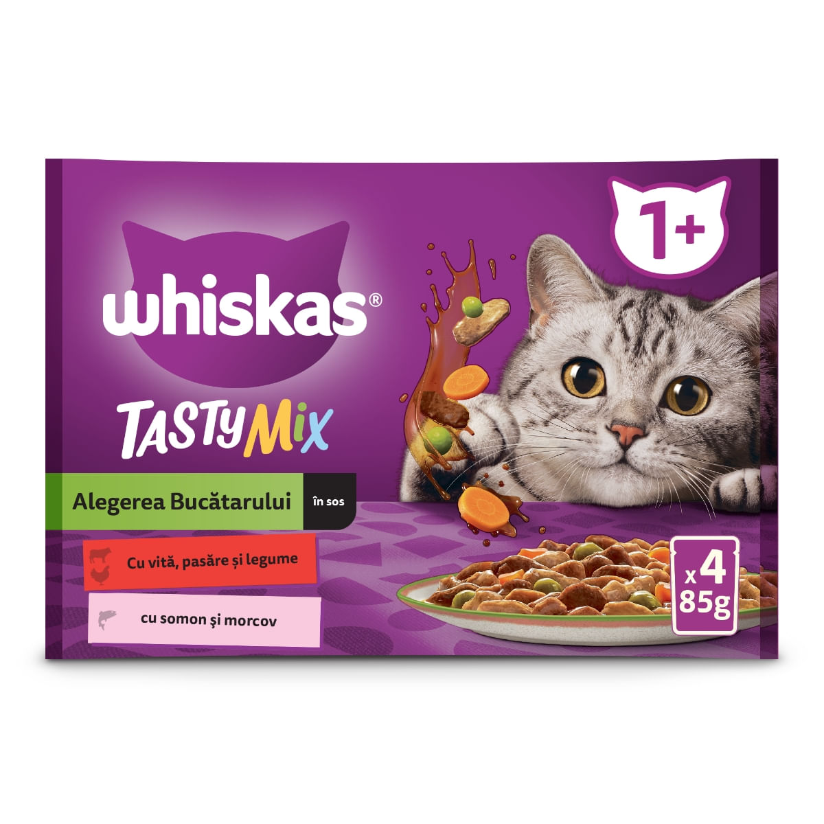 WHISKAS Tasty Mix Chef\'s Choice, Somon, Vită și Pasăre, plic hrană umedă pisici, (în sos), multipack, 85g x 4 WHISKAS Tasty Mix Chef\'s Choice, Somon, Vită și Pasăre, plic hrană umedă pisici, (în sos), bax, 85g x 12buc