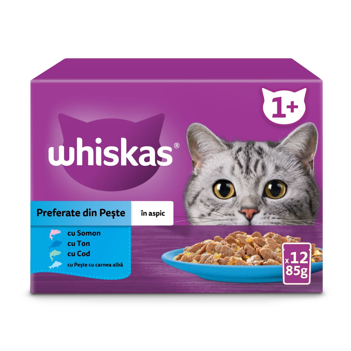 WHISKAS Selectii, Pește, plic hrană umedă pisici, (în aspic), multipack, 85g x 12