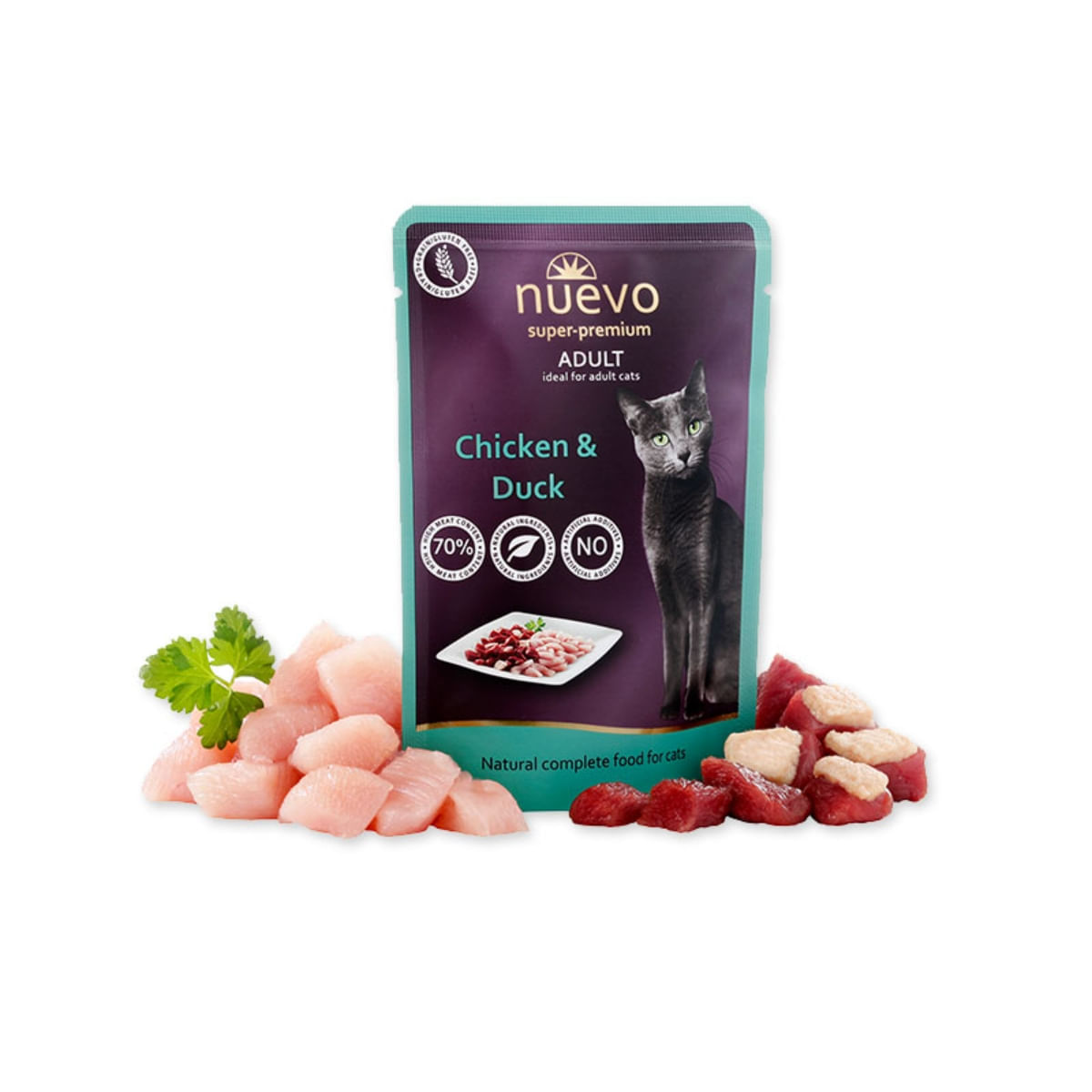 NUEVO, Pui și Rață, hrană umedă fără cereale pisici, apetit capricios, (pate) NUEVO, Pui și Rață, plic hrană umedă fără cereale pisici, apetit capricios, (pate), 85g - 1 | YEO