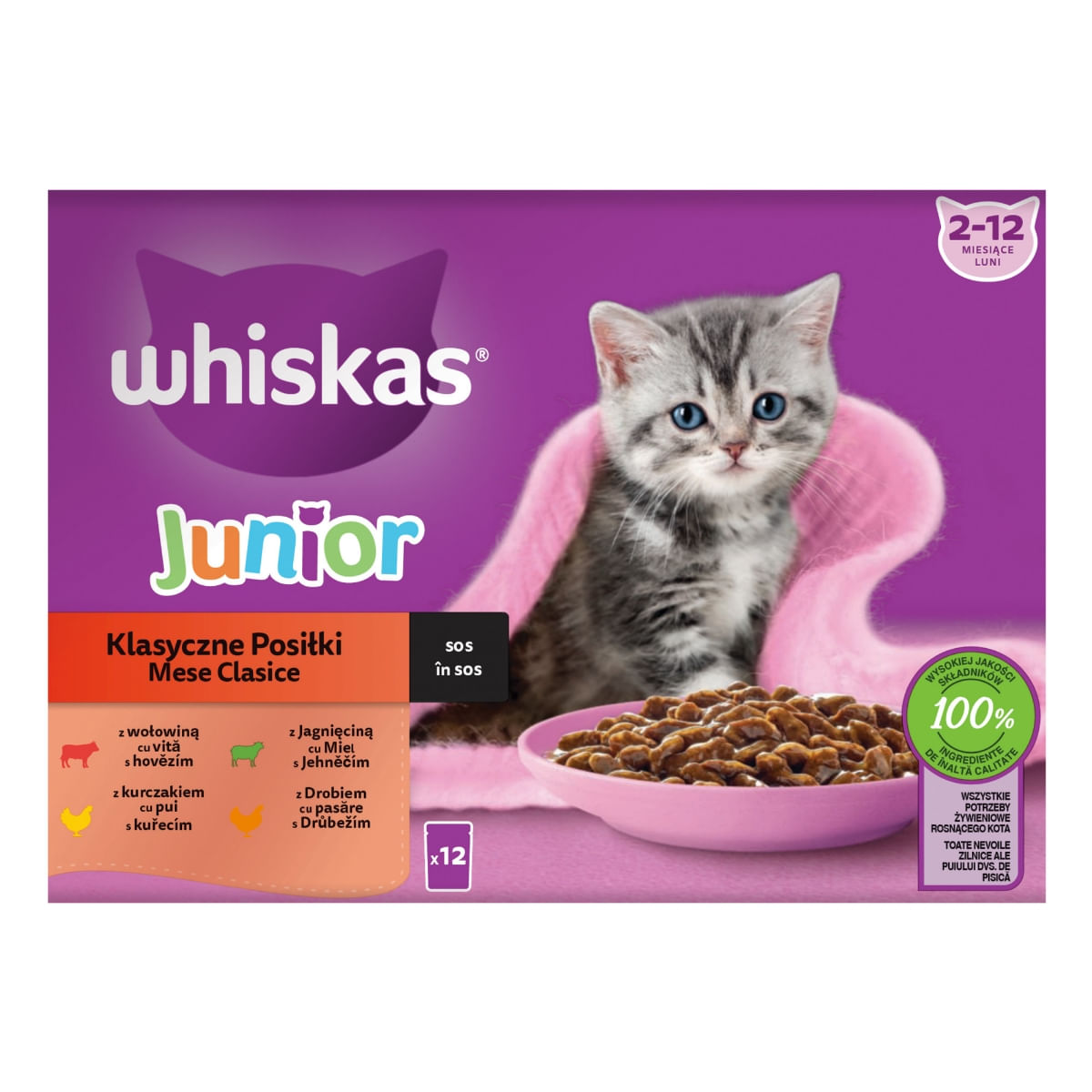 WHISKAS Junior Selectii Clasice, Miel, Vită, Pui și Pasăre, plic hrană umedă pisici, (în sos), multipack, 85g x 12