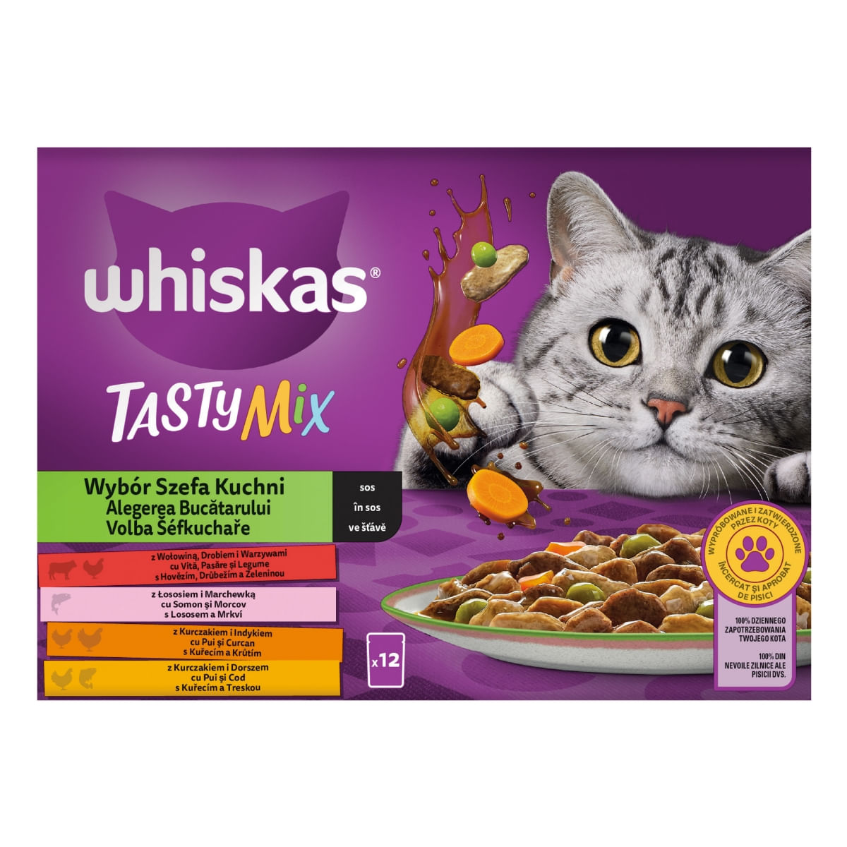 WHISKAS Tasty Mix Chef&#039;s Choice, Somon, Vită, Pui și Pasăre, Pui și Curcan, Pui și Cod, plic hrană umedă pisici, (în sos), multipack, 85g x 12