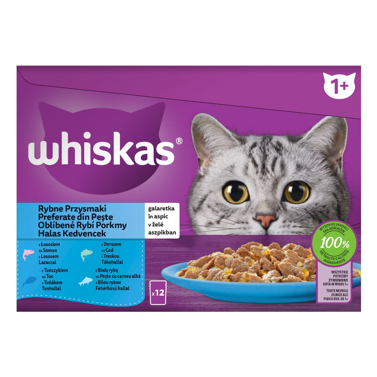 WHISKAS Selectii, Pește, plic hrană umedă pisici, (în aspic), multipack, 85g x 12