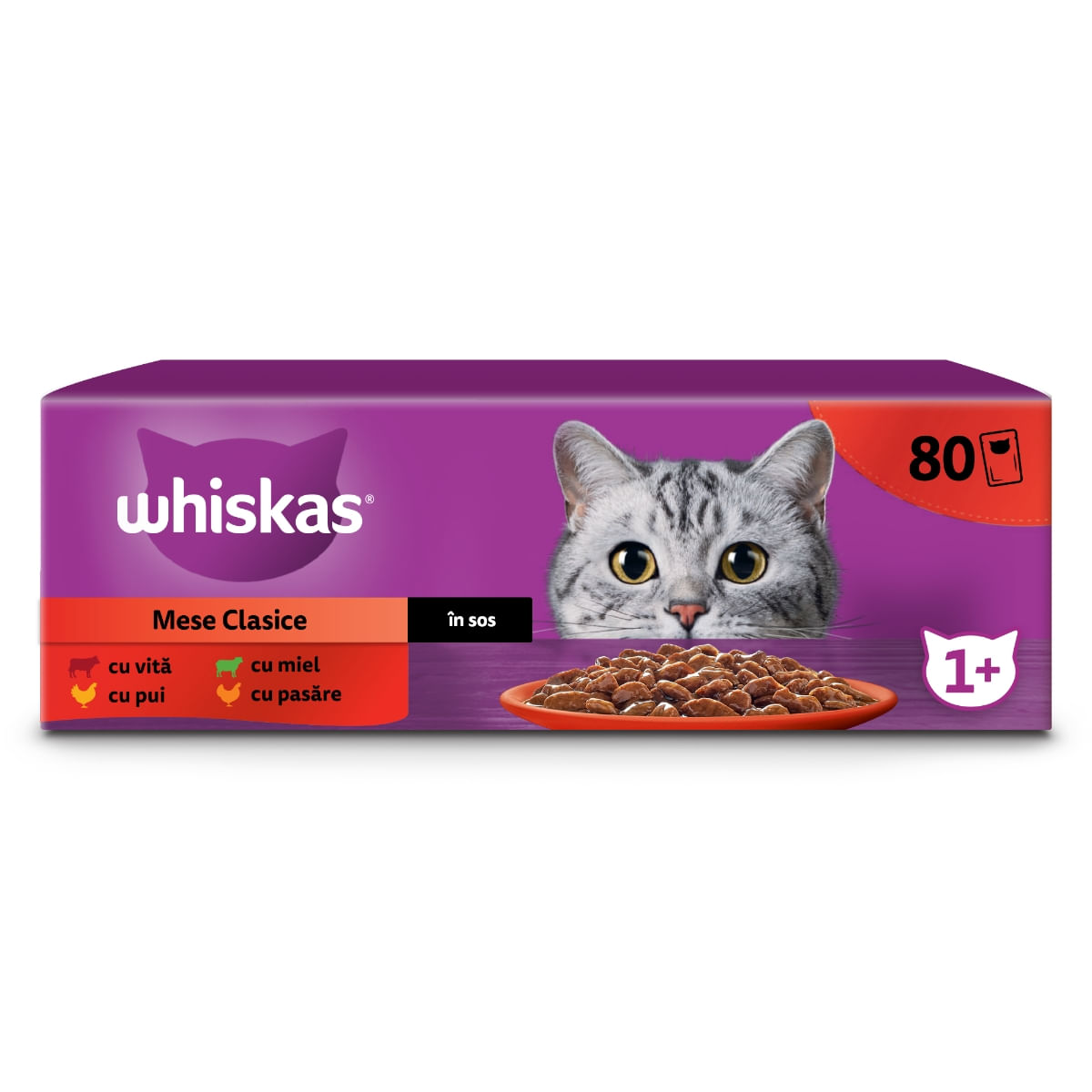 WHISKAS Selectii Clasice, Miel, Vită, Pui și Pasăre, hrană umedă pisici, (în sos), multipack WHISKAS Selectii Clasice, Miel, Vită, Pui și Pasăre, plic hrană umedă pisici, (în sos), multipack, 85g x 80