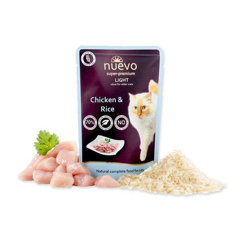 NUEVO Light, Pui și Orez, plic hrană umedă pisici, obezitate, (pate), 85g