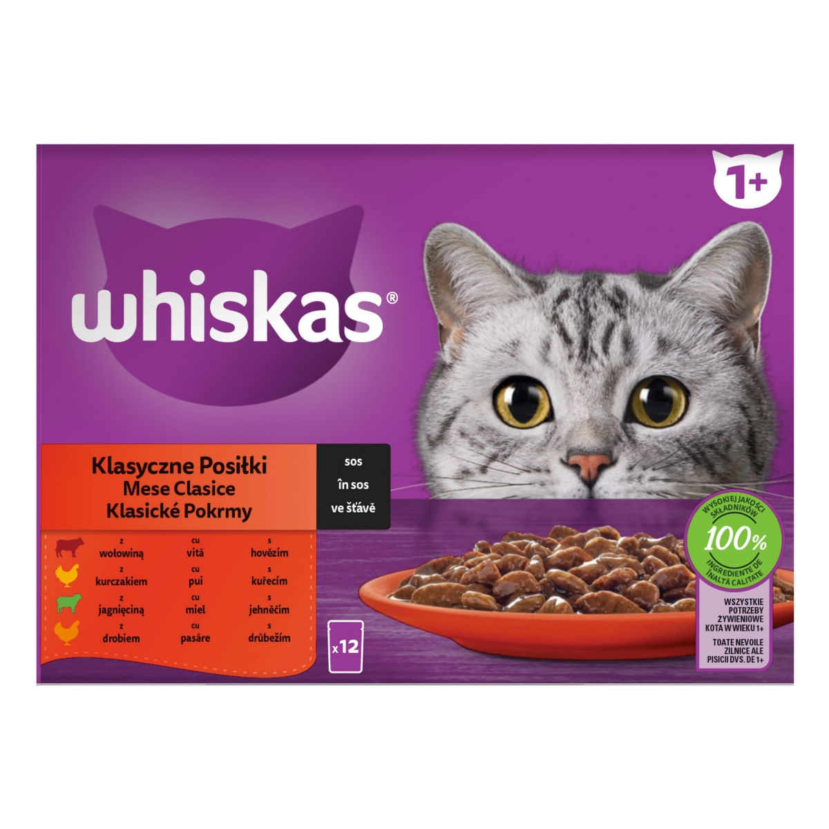 WHISKAS Selectii Clasice, Miel, Vită, Pui și Pasăre, hrană umedă pisici, (în sos), multipack WHISKAS Selectii Clasice, Miel, Vită, Pui și Pasăre, plic hrană umedă pisici, (în sos), multipack, 85g x 12