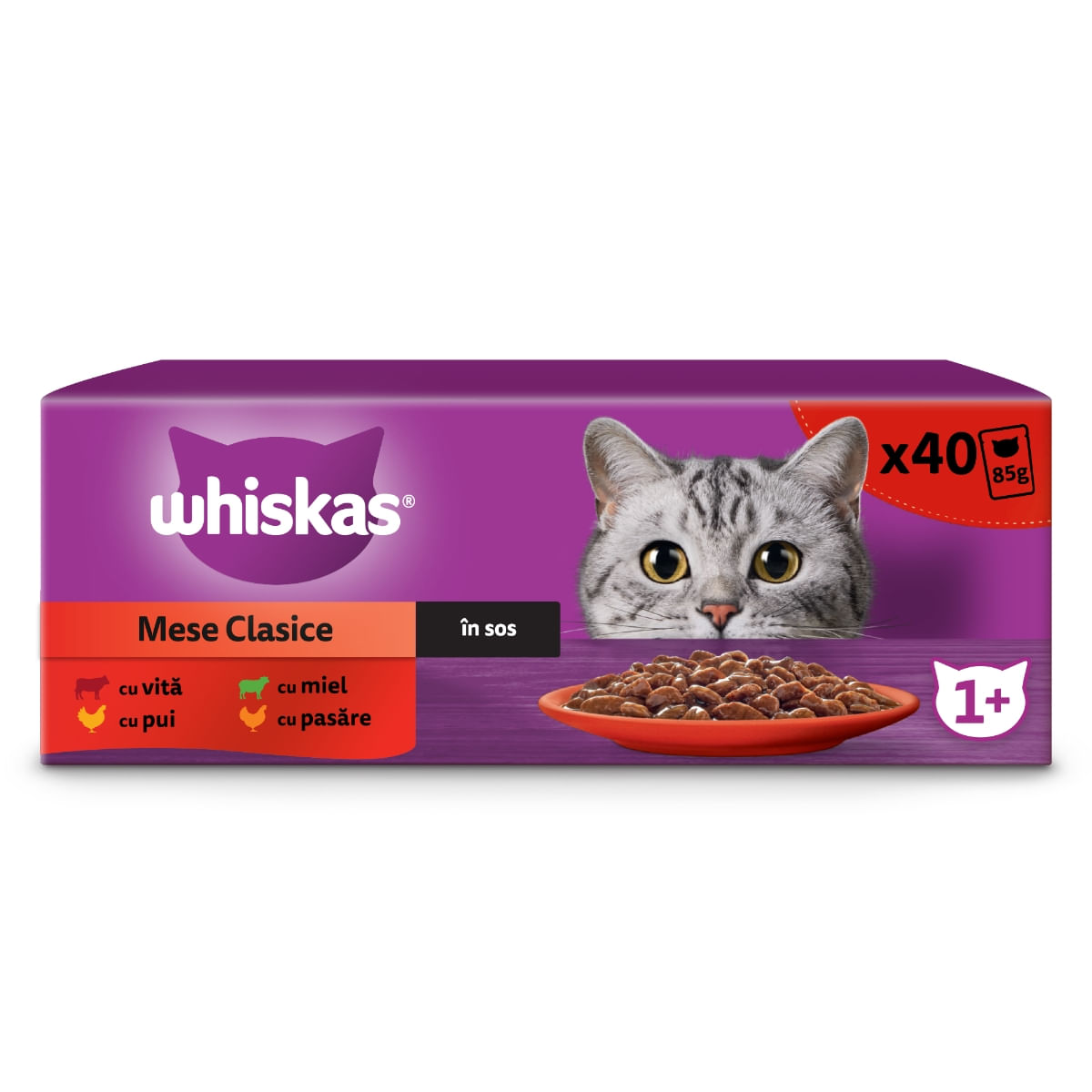 WHISKAS Selectii Clasice, Miel, Vită, Pui și Pasăre, hrană umedă pisici, (în sos), multipack WHISKAS Selectii Clasice, Miel, Vită, Pui și Pasăre, plic hrană umedă pisici, (în sos), multipack, 85g x 40