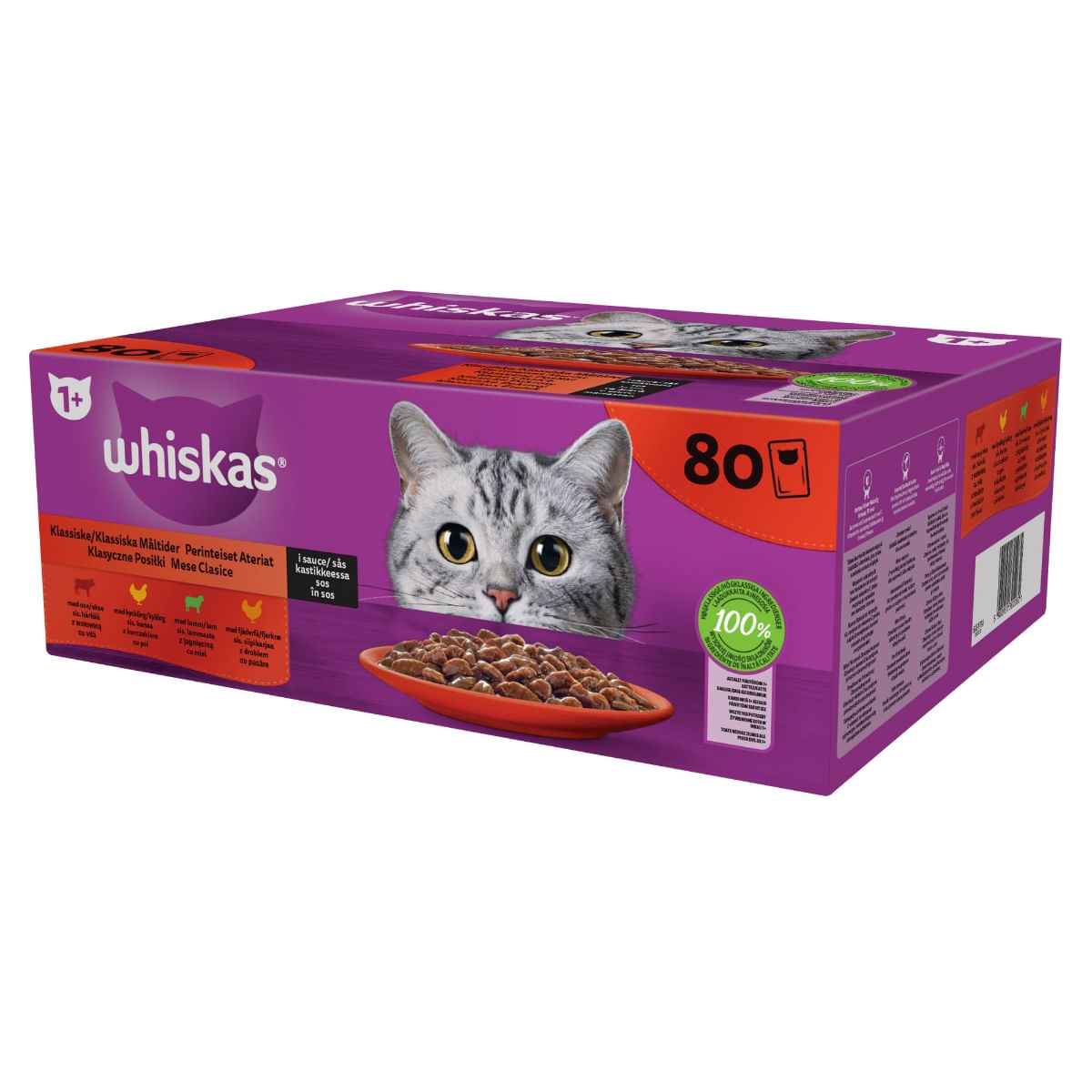 WHISKAS Selectii Clasice, Miel, Vită, Pui și Pasăre, hrană umedă pisici, (în sos), multipack WHISKAS Selectii Clasice, Miel, Vită, Pui și Pasăre, plic hrană umedă pisici, (în sos), multipack, 85g x 80