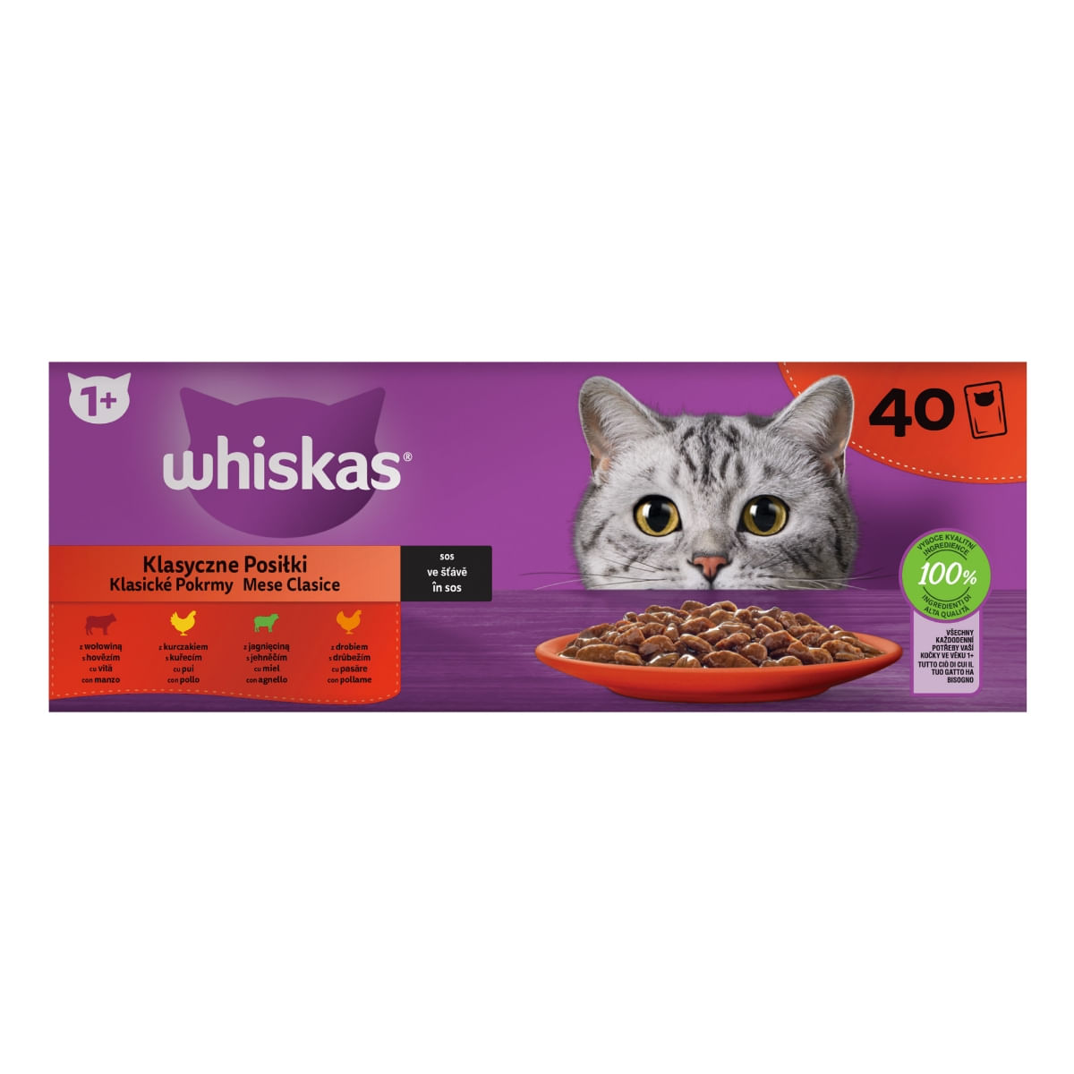 WHISKAS Selectii Clasice, Miel, Vită, Pui și Pasăre, hrană umedă pisici, (în sos), multipack WHISKAS Selectii Clasice, Miel, Vită, Pui și Pasăre, plic hrană umedă pisici, (în sos), multipack, 85g x 40