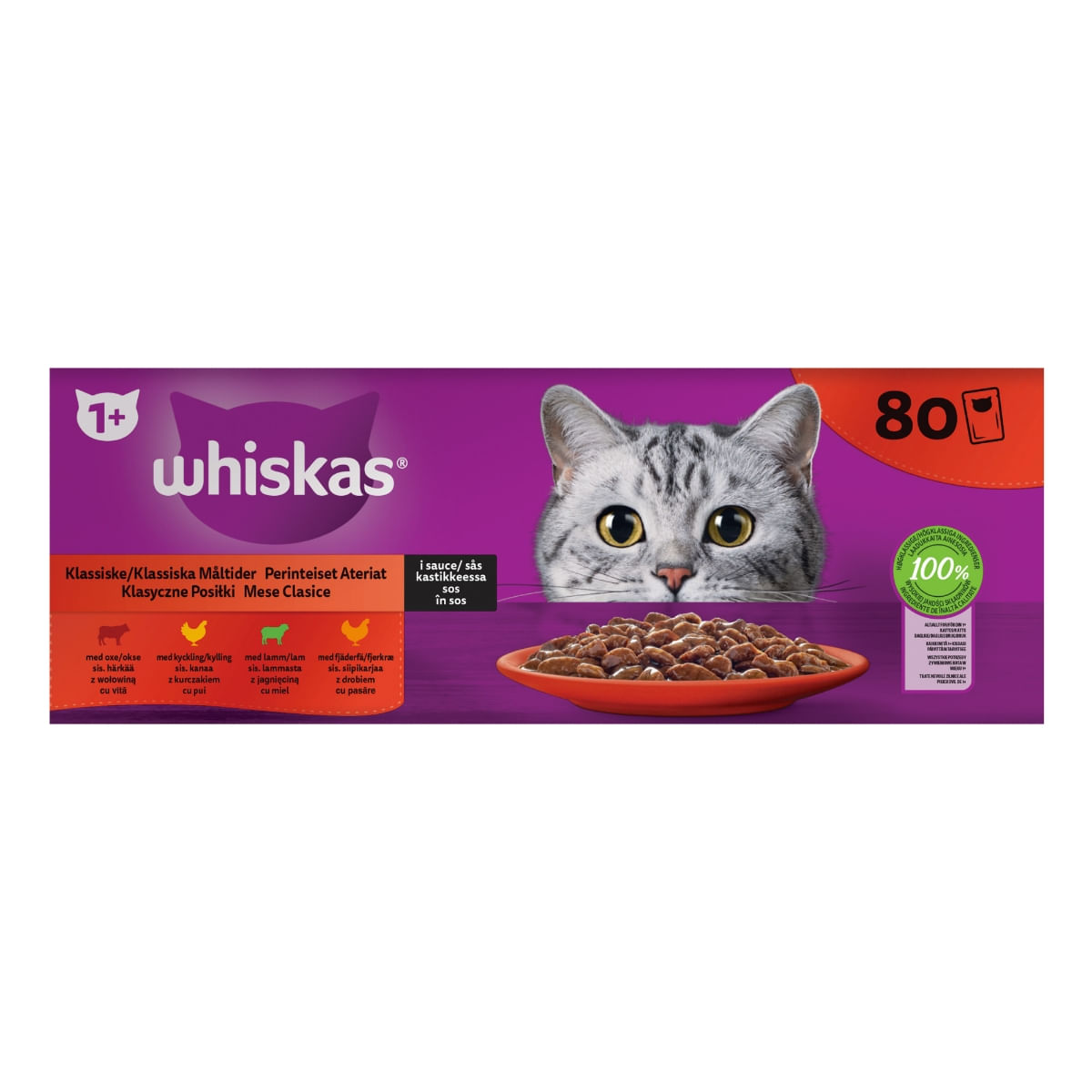 WHISKAS Selectii Clasice, Miel, Vită, Pui și Pasăre, hrană umedă pisici, (în sos), multipack WHISKAS Selectii Clasice, Miel, Vită, Pui și Pasăre, plic hrană umedă pisici, (în sos), multipack, 85g x 80