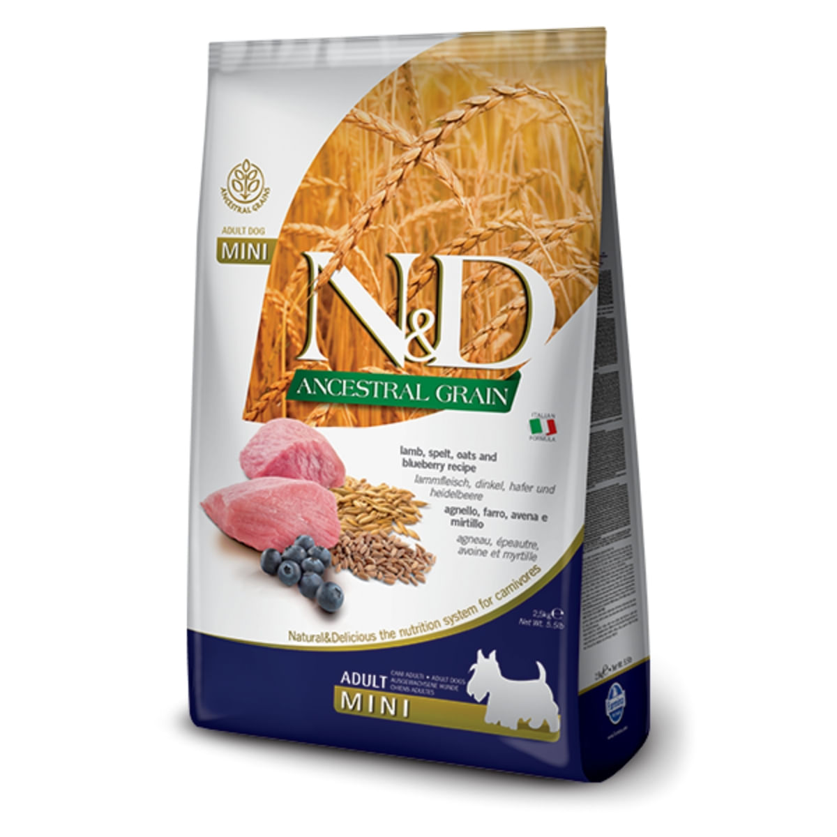 N&D Ancestral Grain Adult Mini, XS-S, Miel și afine, hrană uscată conținut redus cereale câini, 7kg - 1 | YEO