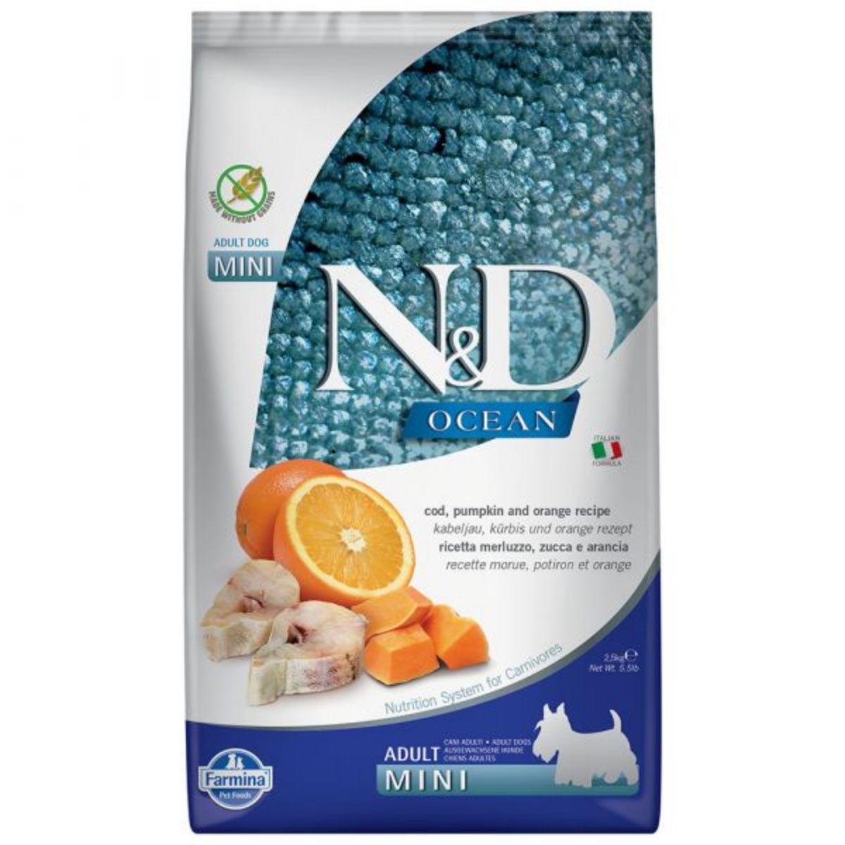 N&D Ocean Adult Mini, XS-S, Cod și dovleac, hrană uscată fără cereale câini, 2.5kg