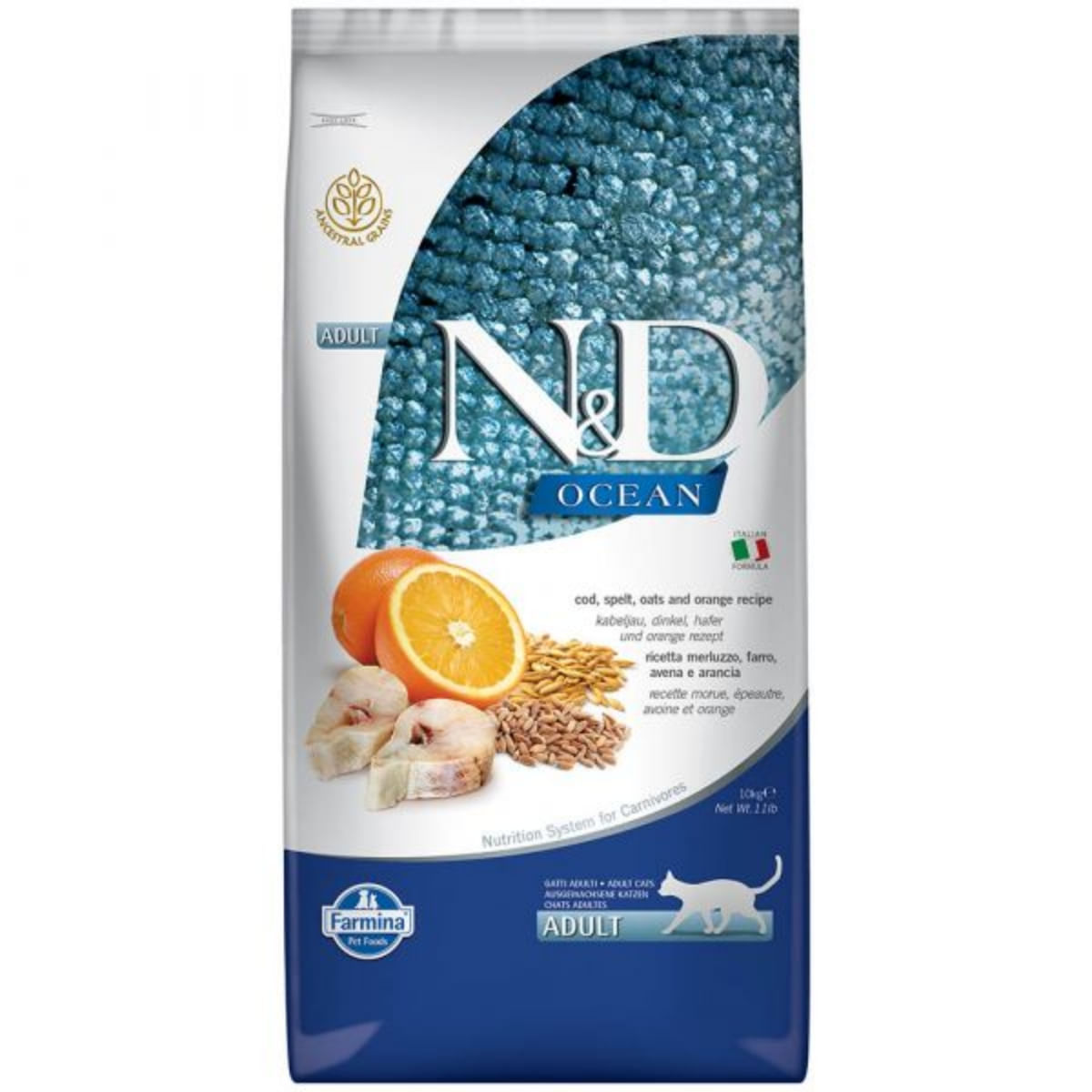 N&D Ocean, Cod și Protocală, hrană uscată conținut redus cereale pisici, 10kg