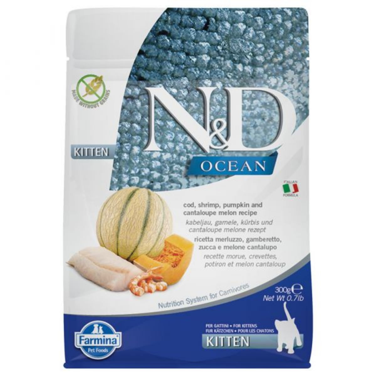 N&D Ocean Kitten, Cod și Creveți, hrană uscată fără cereale pisici junior, 300g