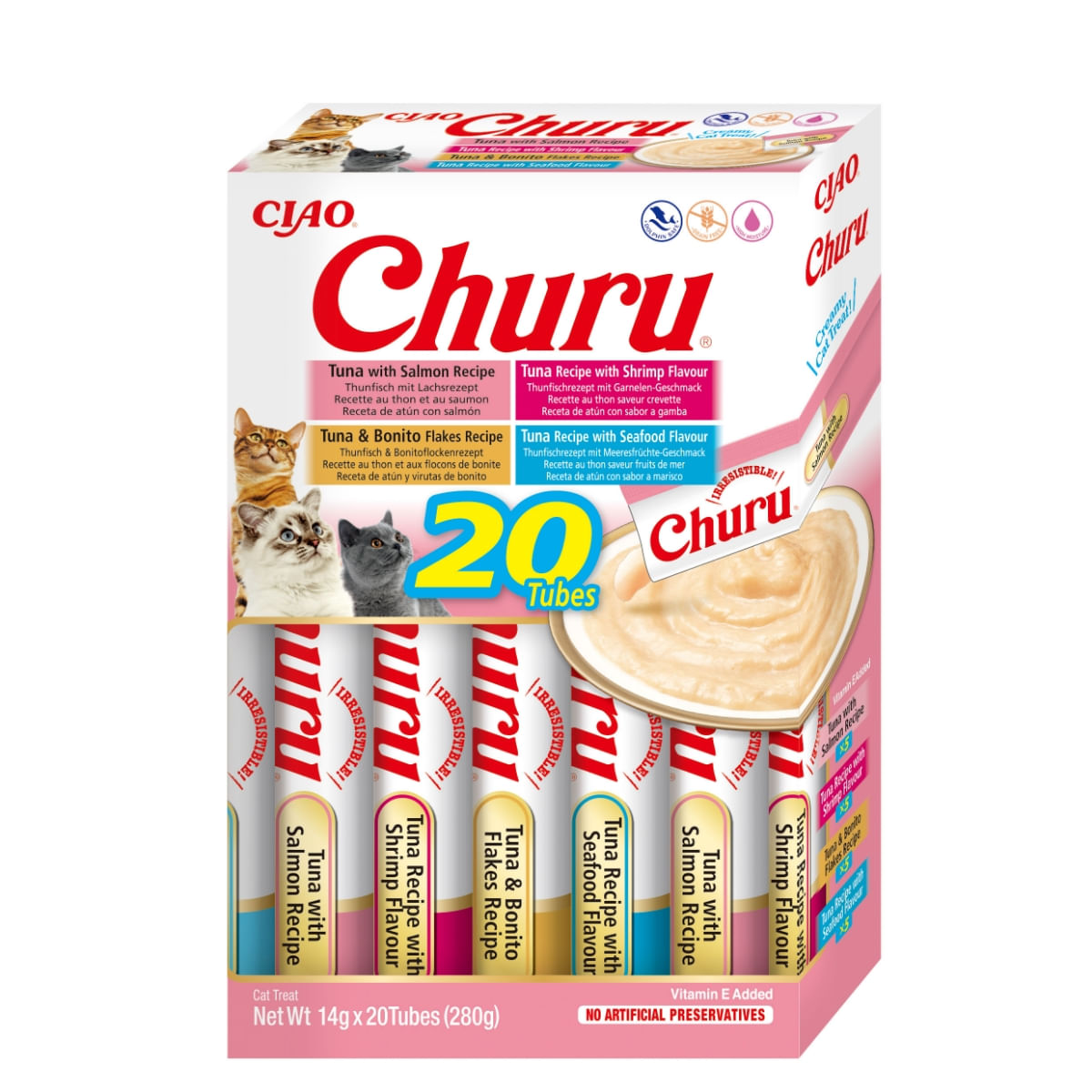 INABA Churu Tuna & Seafood Varieties (Ton și Somon|Creveți|Fulgi de Bonito|Fructe de Mare), cutie, tub recompense fără cereale pisici, (topping), 280g - 1 | YEO