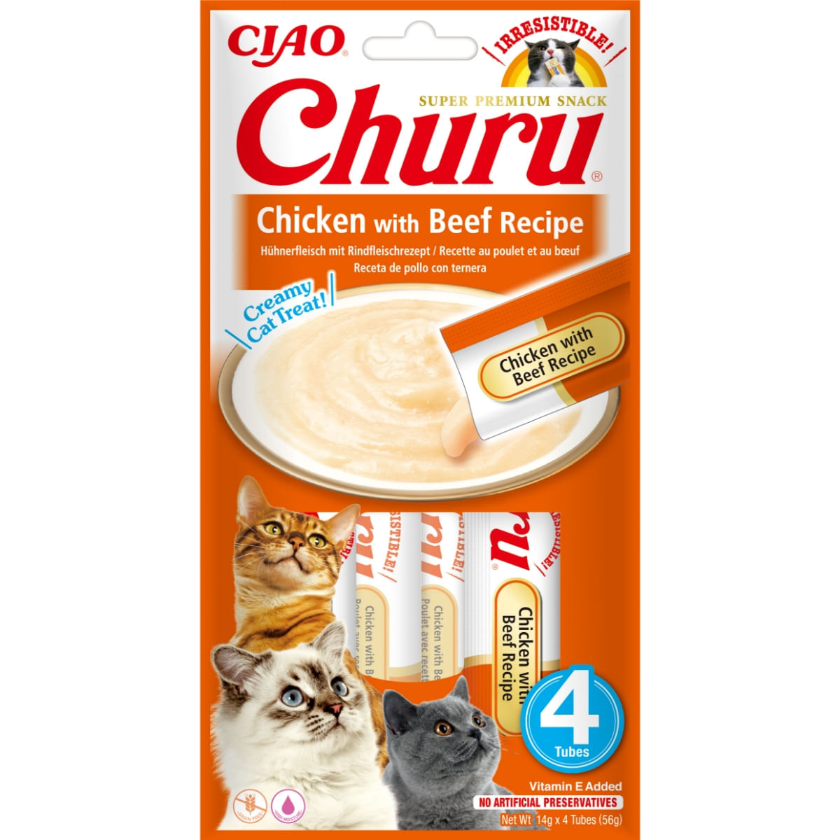 INABA Churu, Pui și Vită, punguță, tub recompense fără cereale pisici, (topping), 56g