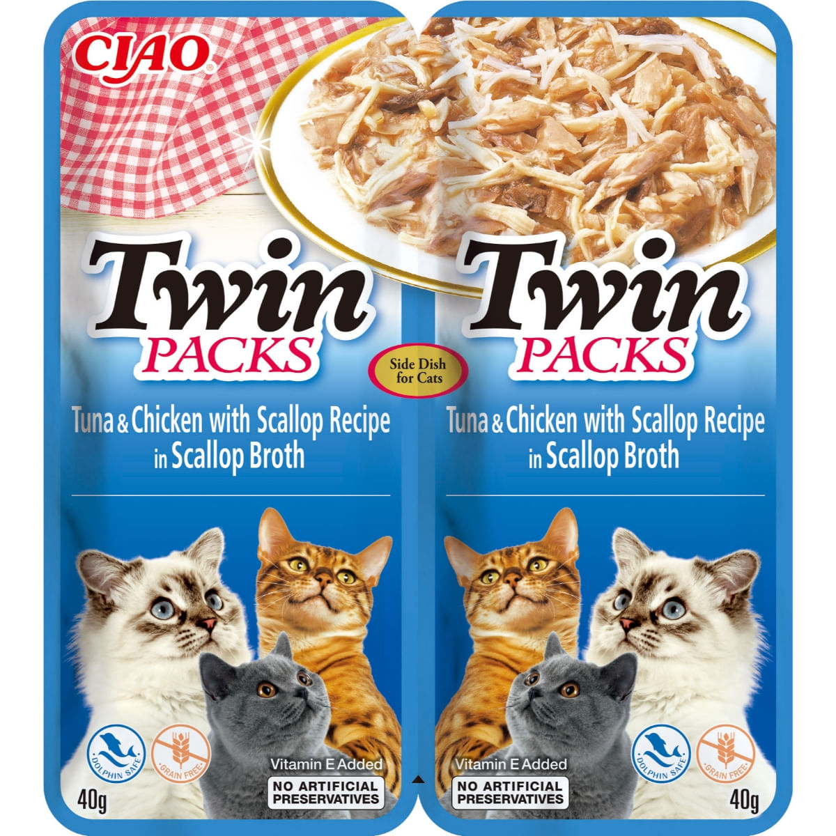 INABA Ciao Twin Packs, Ton, Pui și Scoici, plic hrană umedă fără cereale pisici, (topping), 80g