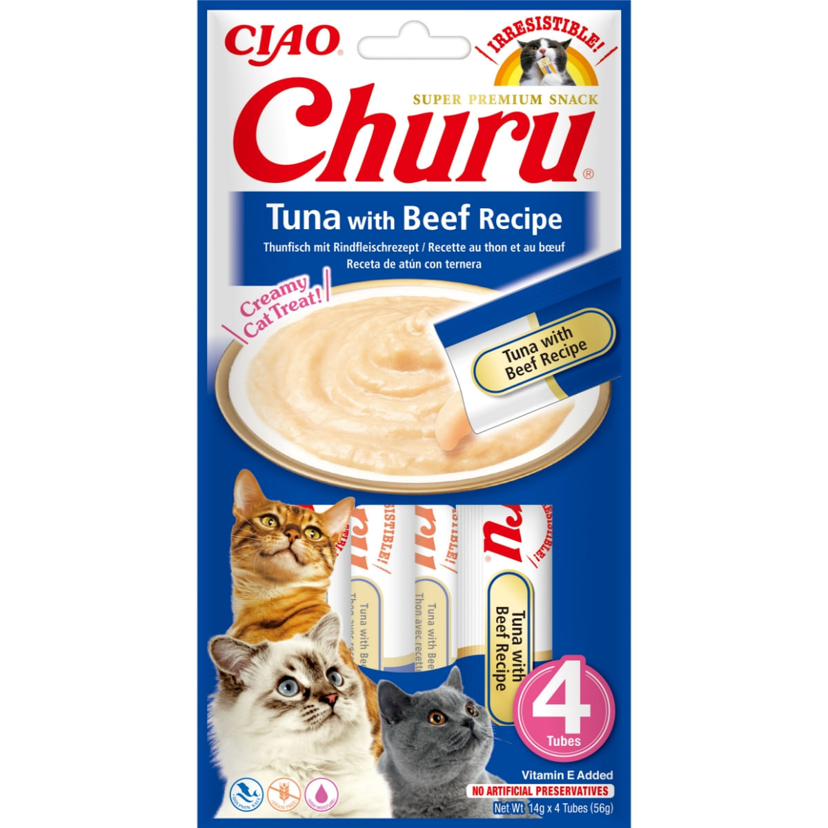 INABA Churu, Ton și Vită, punguță, tub recompense fără cereale pisici, (topping), 56g - 2 | YEO