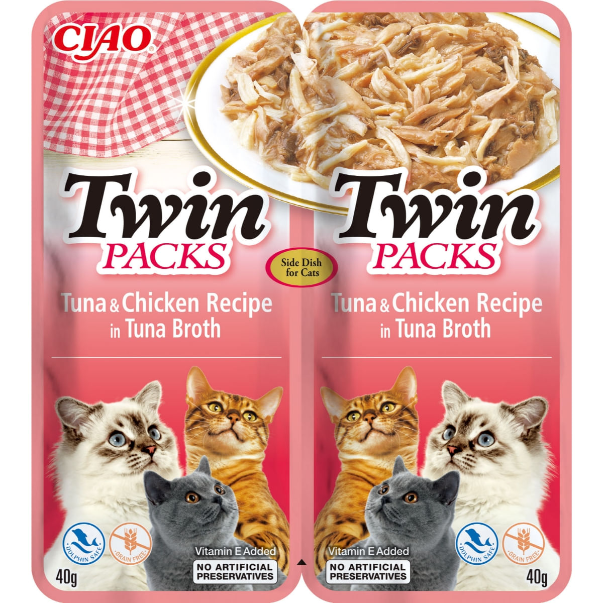 INABA Ciao Twin Packs, Ton și Pui, plic hrană umedă fără cereale pisici, (topping), 80g