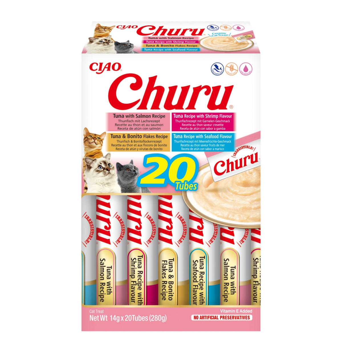 INABA Churu Tuna & Seafood Varieties (Ton și Somon|Creveți|Fulgi de Bonito|Fructe de Mare), cutie, tub recompense fără cereale pisici, (topping), 280g - 1 | YEO