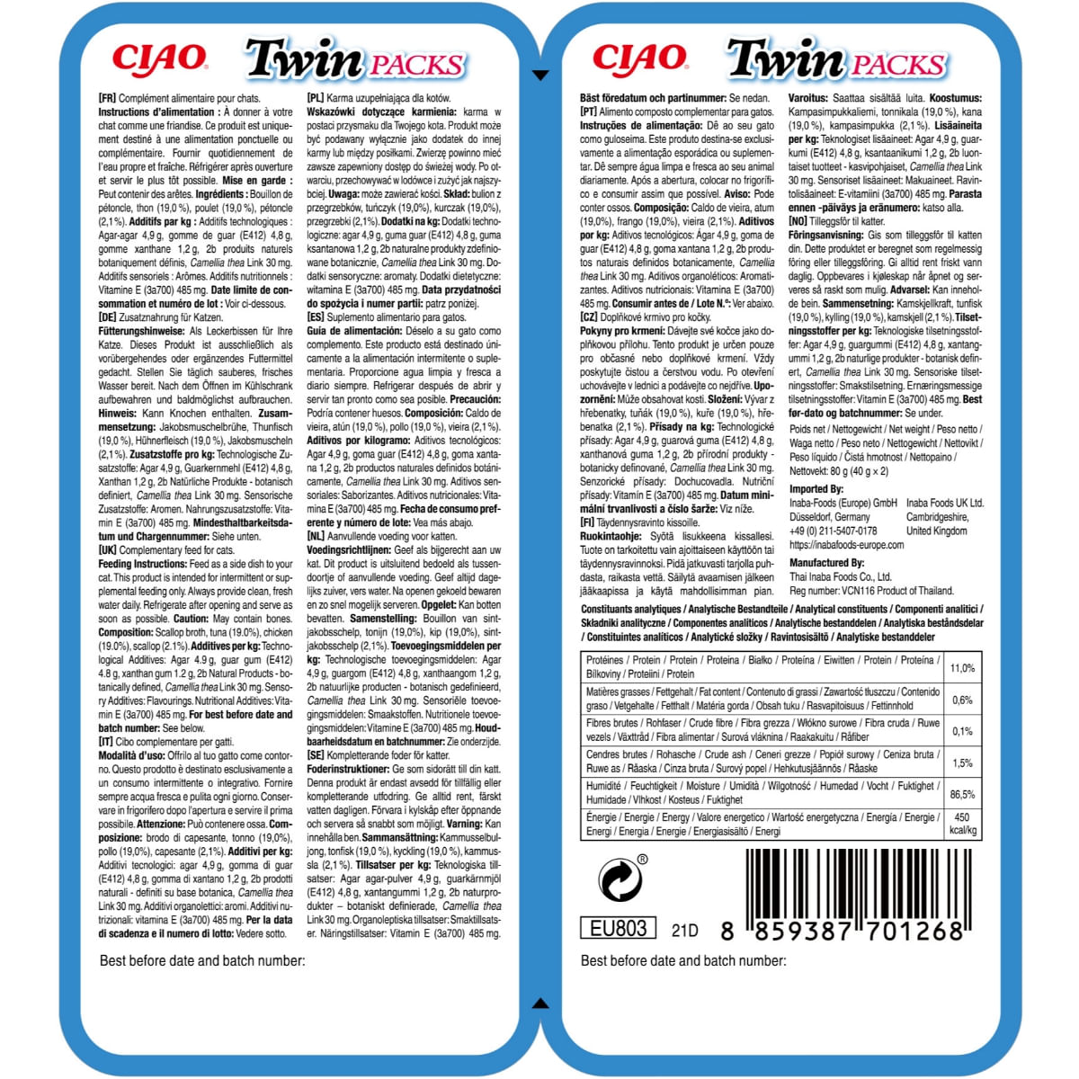 INABA Ciao Twin Packs, Ton, Pui și Scoici, plic hrană umedă fără cereale pisici, (topping), 80g