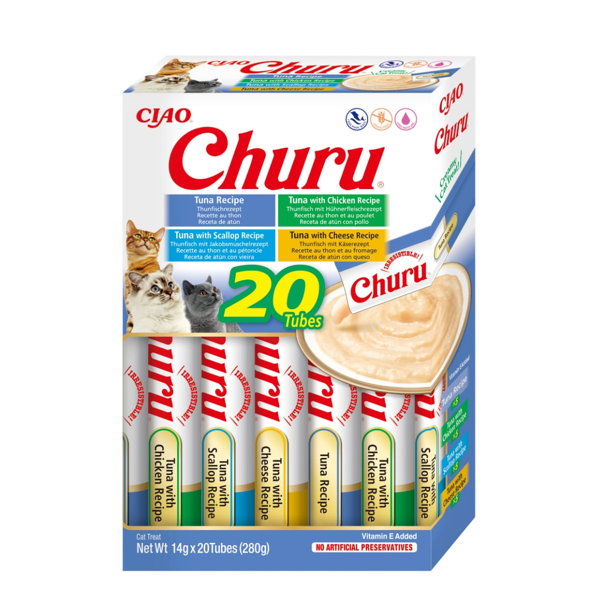 INABA Churu Tuna Varieties (Ton, Ton și Pui|Brânză|Scoici), cutie, tub recompense fără cereale pisici, (topping), 280g - 1 | YEO