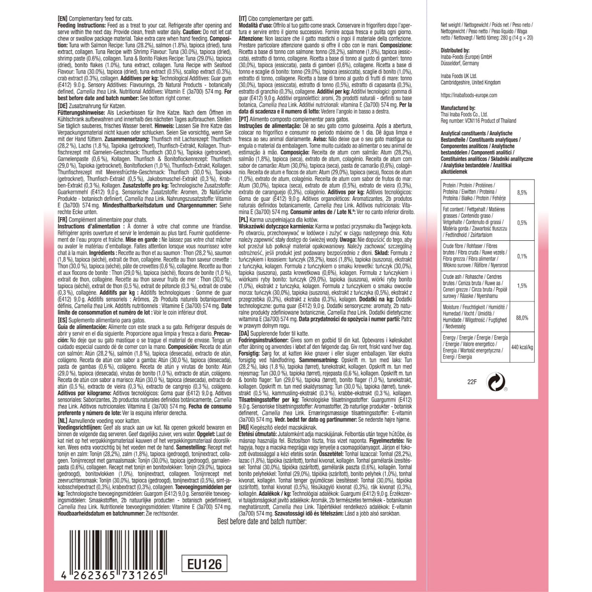 INABA Churu Tuna &amp; Seafood Varieties (Ton și Somon|Creveți|Fulgi de Bonito|Fructe de Mare), cutie, tub recompense fără cereale pisici, (topping), 280g