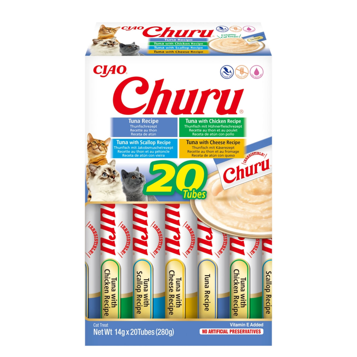 INABA Churu Tuna Varieties (Ton, Ton și Pui|Brânză|Scoici), cutie, tub recompense fără cereale pisici, (topping), 280g - 1 | YEO