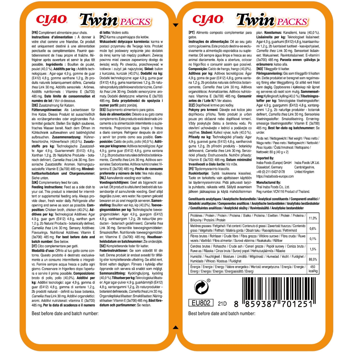 INABA Ciao Twin Packs, Pui, plic hrană umedă fără cereale pisici, (topping), 80g - 1 | YEO