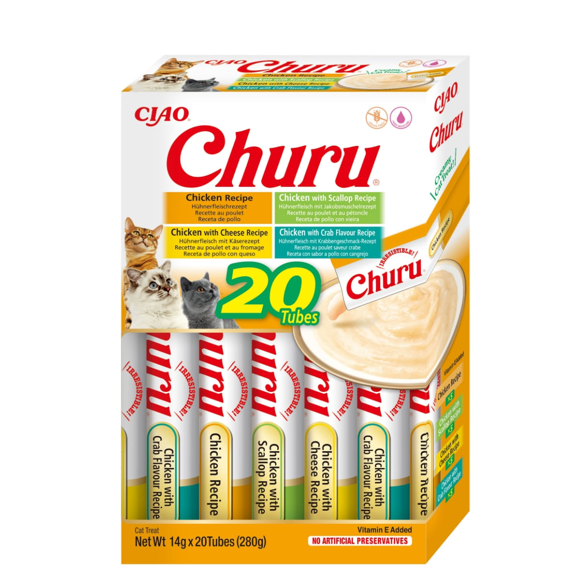 INABA Churu Chicken Varieties (Pui, Pui și Scoici| Brânză| Creveți), cutie, tub recompense fără cereale pisici, (topping), 280g